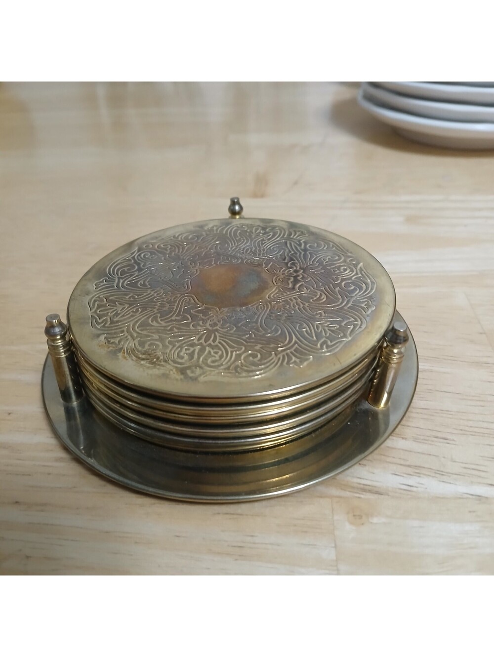 VTG Set of 6 Brass Plated Coasters with Holder Etched Scroll Design HK
